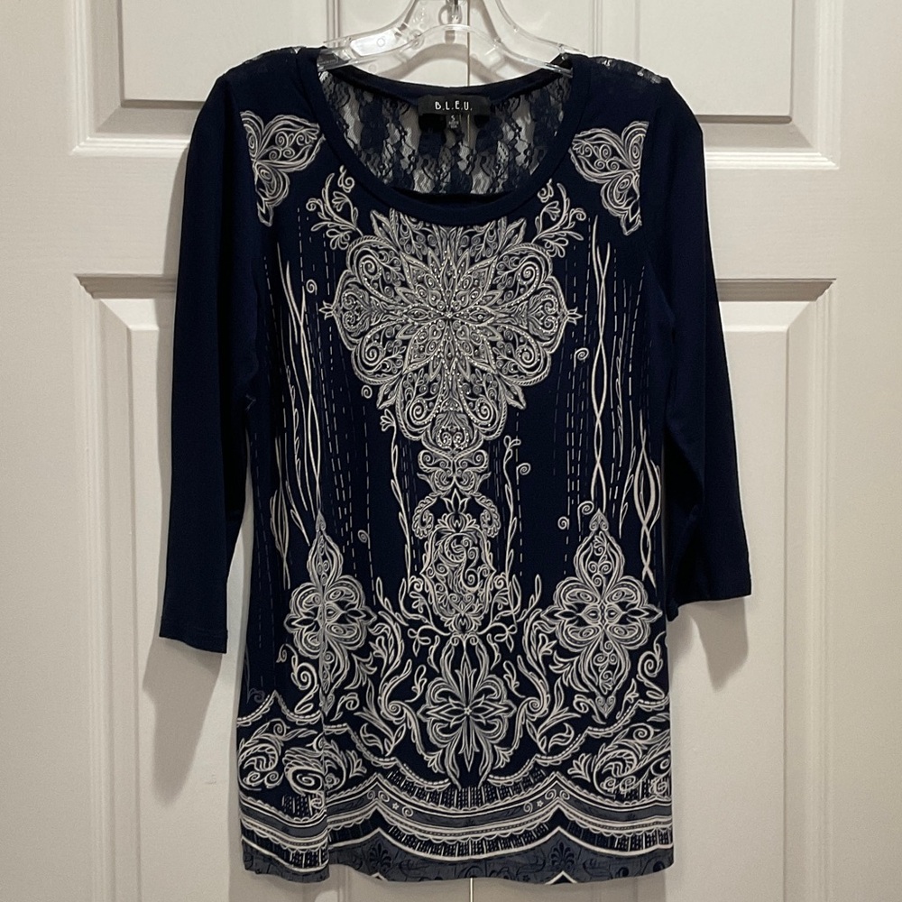 BLEU casual work tunic top navy & white sparkles size small